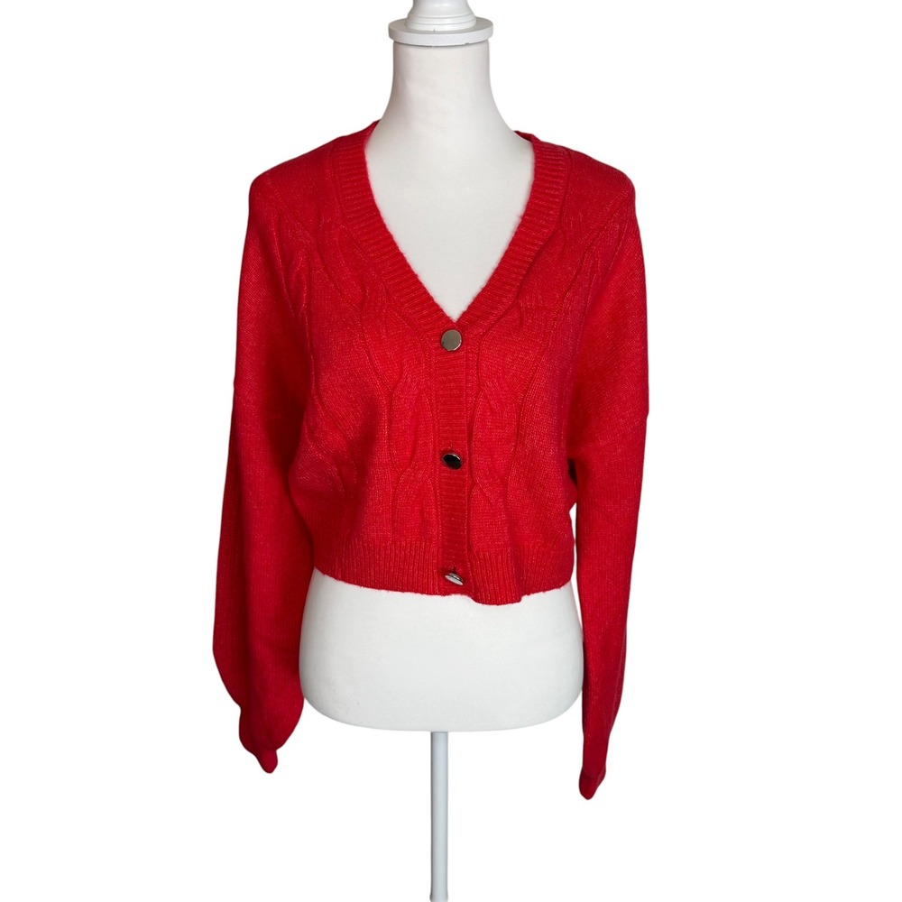 Cabana by Crown & Ivy Red Cable Knit Cropped Cardigan Sweaterâ XL Balloon Sleeve